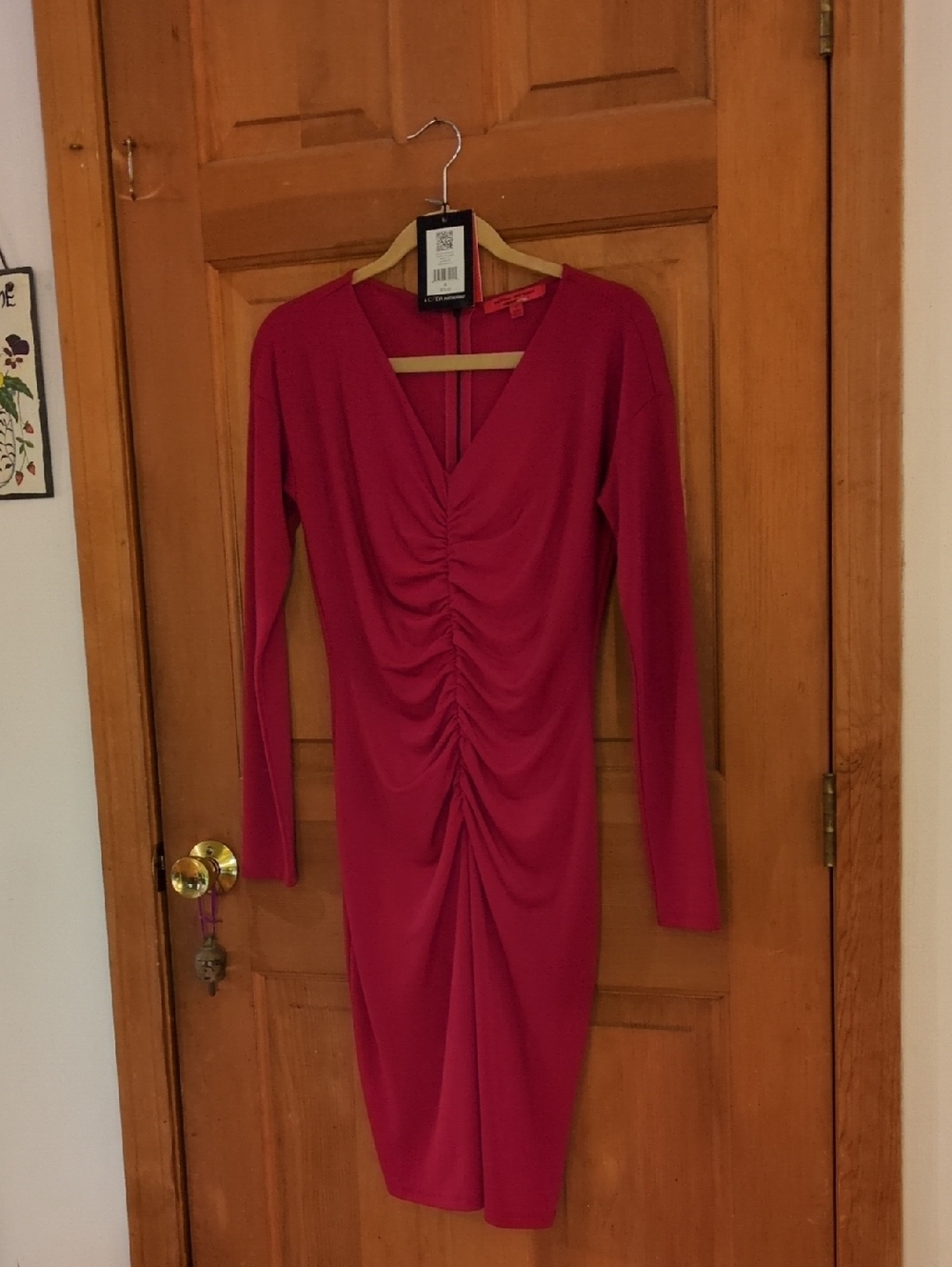 Narciso Rodriguez For Design Nation Long-Sleeve Ruched V-Neck Dress Burgundy S